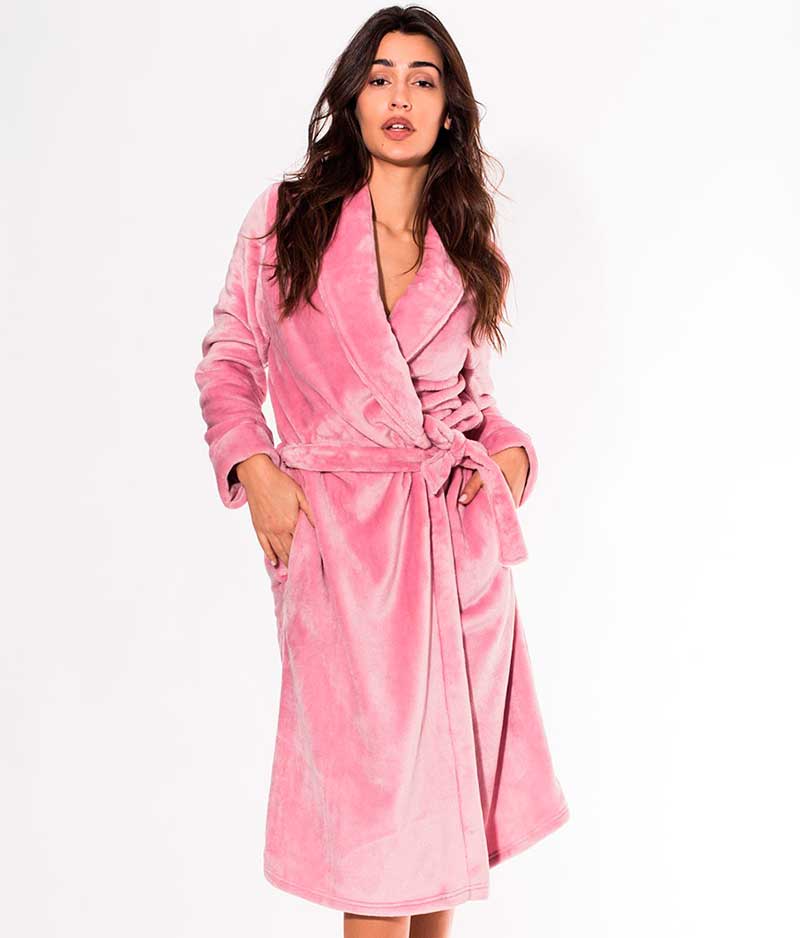 Jeannette ροζ χνουδωτή midi ρόμπα με κέντημα