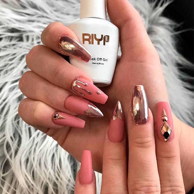 rose-gold-nails-long-coffin-stiletto-matte-nude-studs-chrome -  