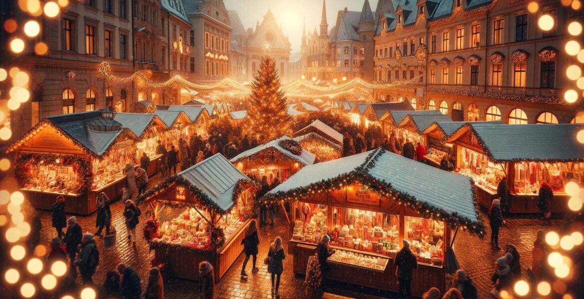Ζεστή χριστουγεννιάτικη αγορά σε μια Ευρωπαϊκή πόλη, προσφέροντας μια προσιτή και γιορτινή εμπειρία.