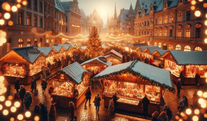 Ζεστή χριστουγεννιάτικη αγορά σε μια Ευρωπαϊκή πόλη, προσφέροντας μια προσιτή και γιορτινή εμπειρία.