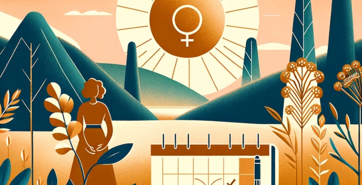 Ένα εικονικό εικονίδιο με το κείμενο "Βιταμίνη D και περίοδος" σε ένα υπόβαθρο φωτεινού ηλίου και αλλαγής φύλλων, συμβολίζοντας τη σύνδεση μεταξύ της βιταμίνης D και των διαφόρων εποχών.