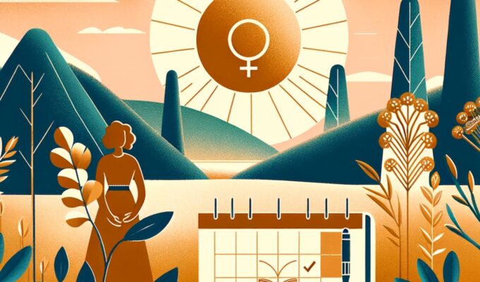 Ένα εικονικό εικονίδιο με το κείμενο "Βιταμίνη D και περίοδος" σε ένα υπόβαθρο φωτεινού ηλίου και αλλαγής φύλλων, συμβολίζοντας τη σύνδεση μεταξύ της βιταμίνης D και των διαφόρων εποχών.